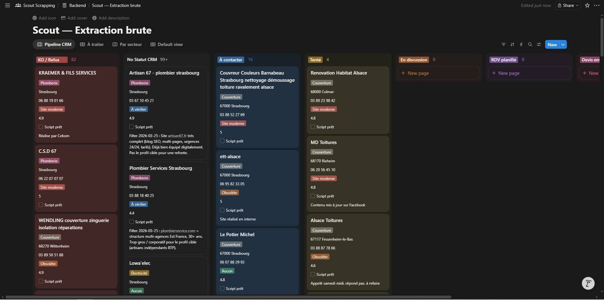 Base de prospects OpenClaw dans Notion — 1 600 artisans identifiés en Alsace